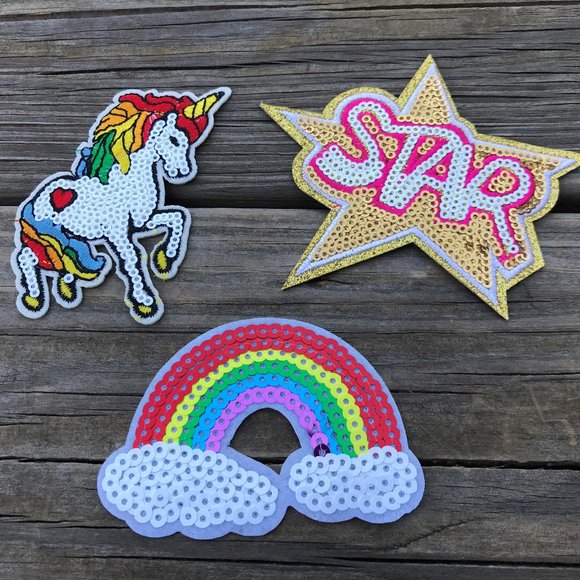 Accessories - Iron Patches Lot of 3 Rainbow STAR Unicorn Embroid